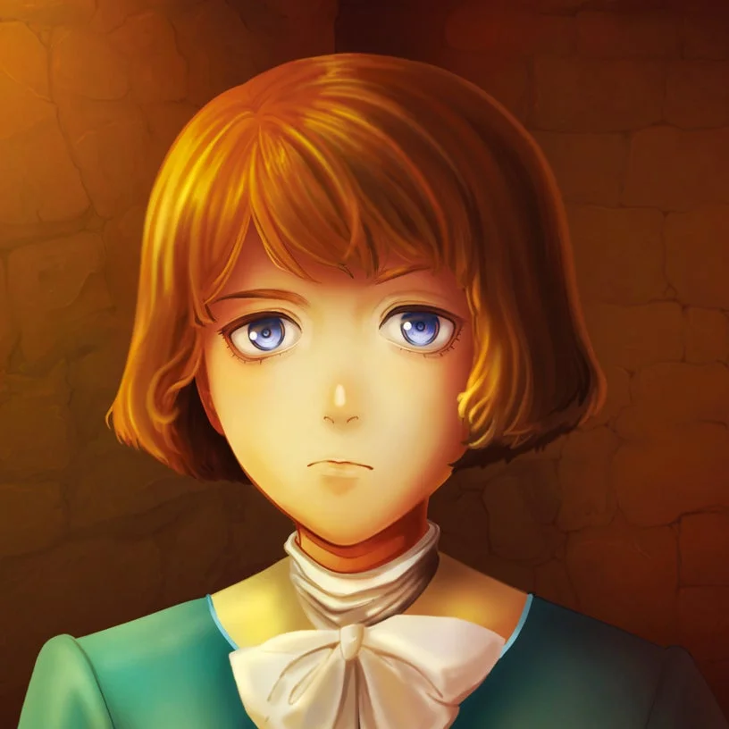 金髪ショートヘアと青い目のアニメ風の少女の肖像画。白いリボンタイのついた水色の服を着用し、薄暗い背景の中で正面を見つめている。どこか物憂げな表情が印象的です。
