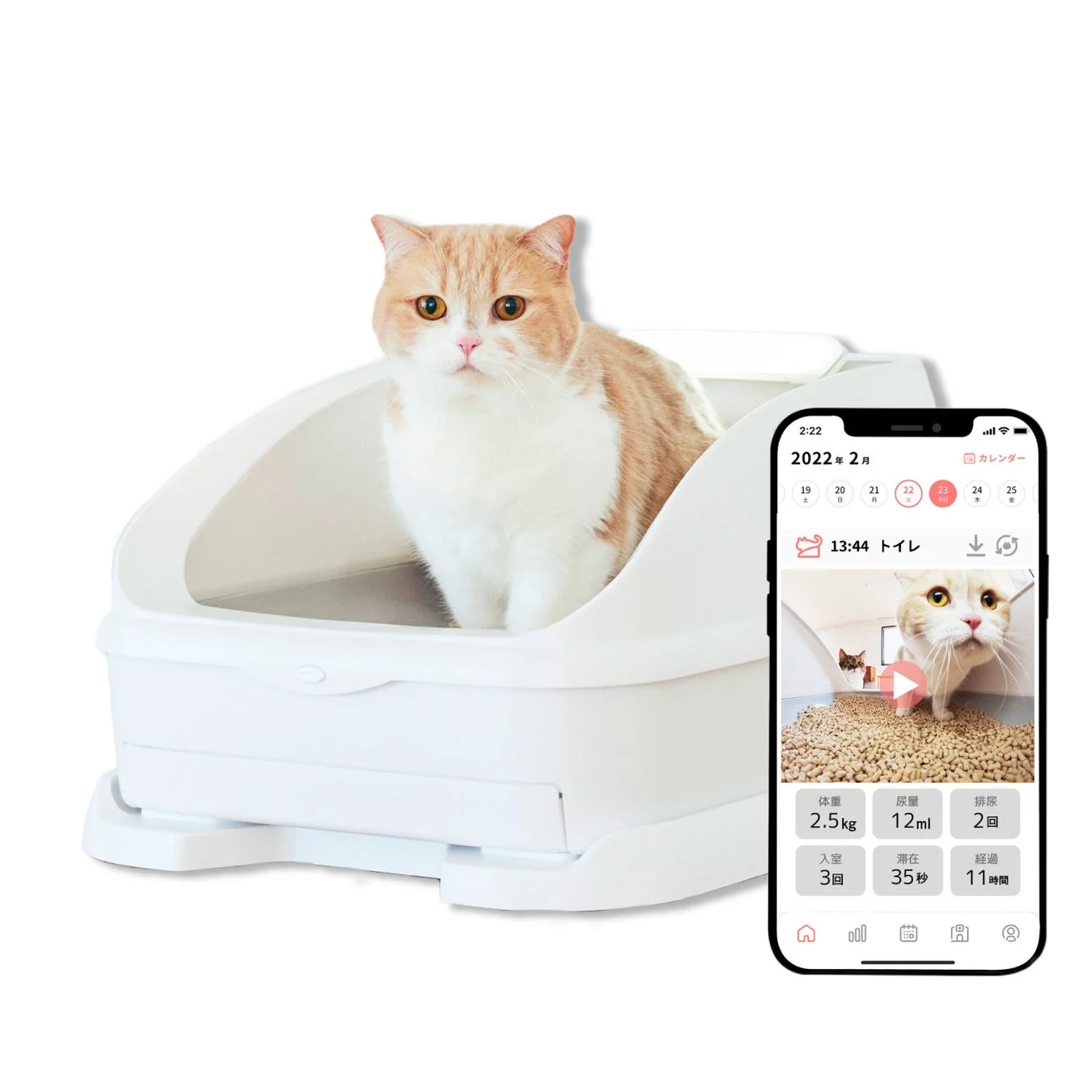 猫用スマートトイレ「トレッタ」とアプリ画面