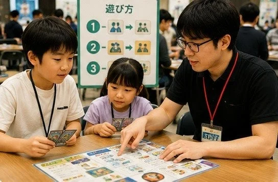 子供たちがカードゲームを学ぶ様子