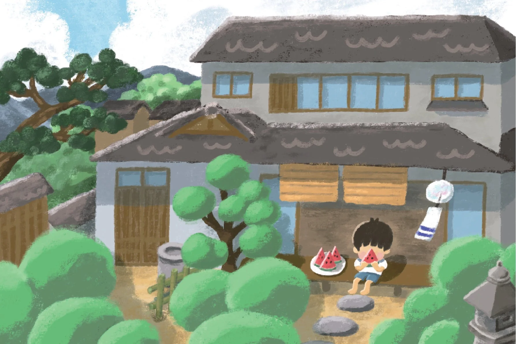 夏の日本の田舎の家で、子供が縁側で冷たいスイカを食べて涼んでいる様子を描いたイラストです。
