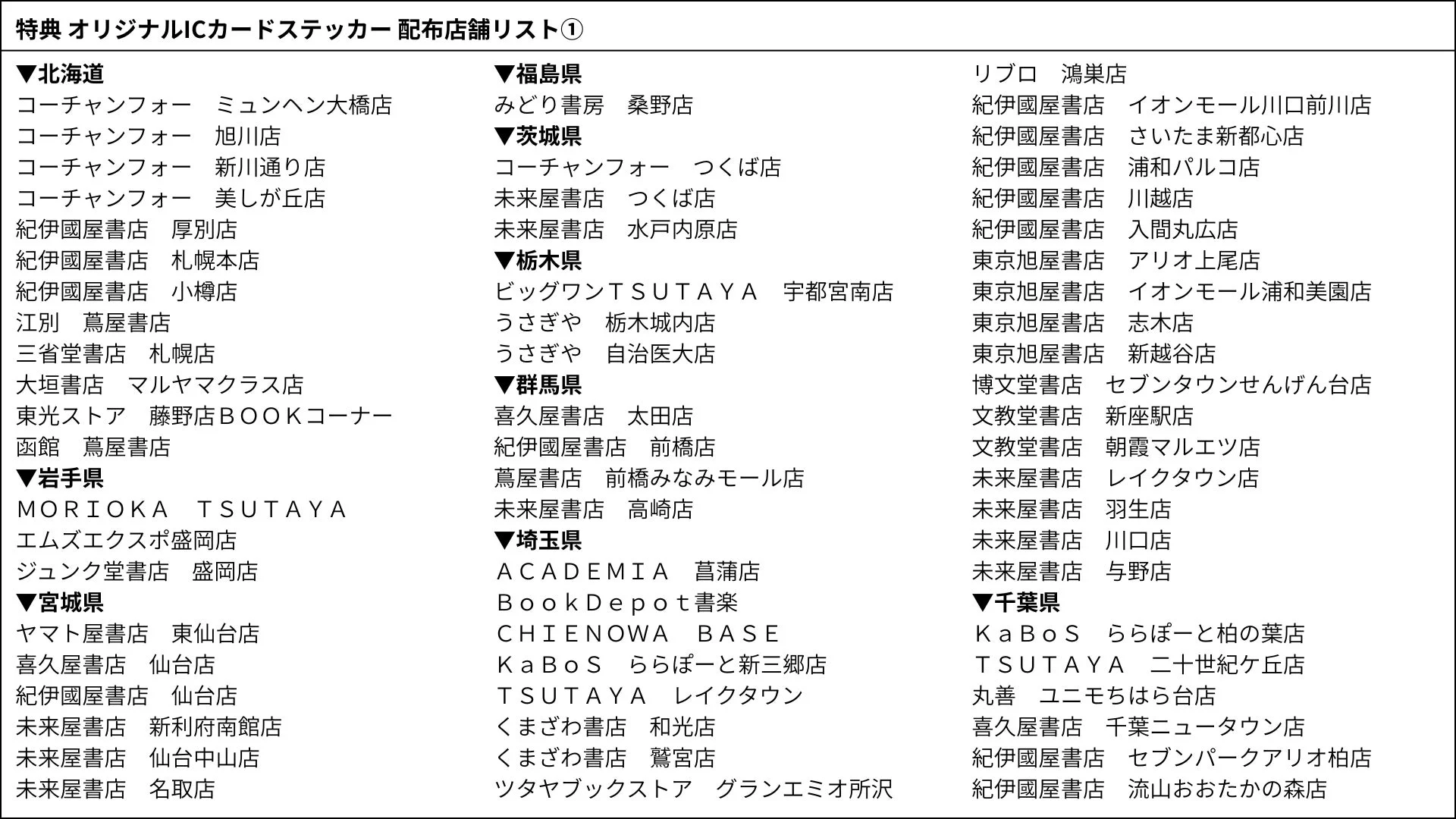 特典 オリジナルICカードステッカー 配布店舗リスト ①