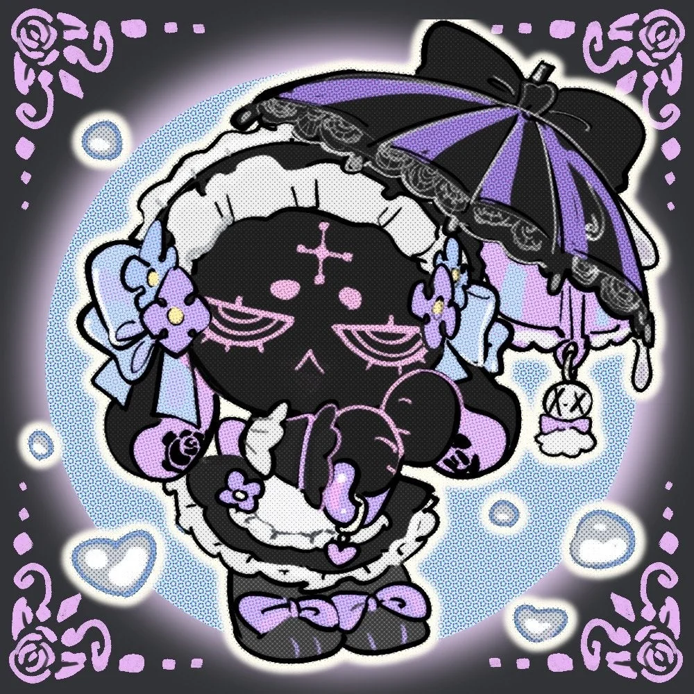 黒と紫を基調としたゴシック調の可愛いキャラクターイラスト。フリルのドレスを着て、黒紫のストライプ傘をさしており、額には十字架の模様があります。