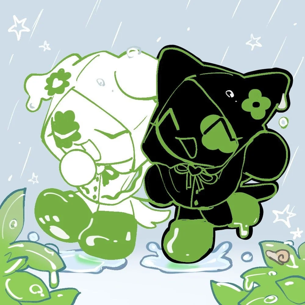 雨の中、白い服と黒い服の二つのキャラクターが水たまりを跳ねる様子を描いた可愛らしいイラスト