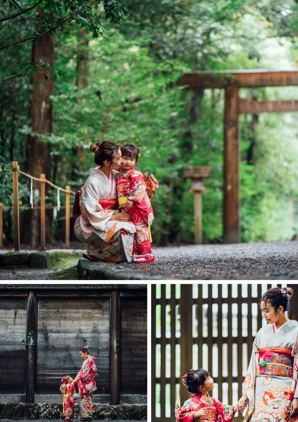 着物を着た母と娘が、神社のような場所で過ごす様子