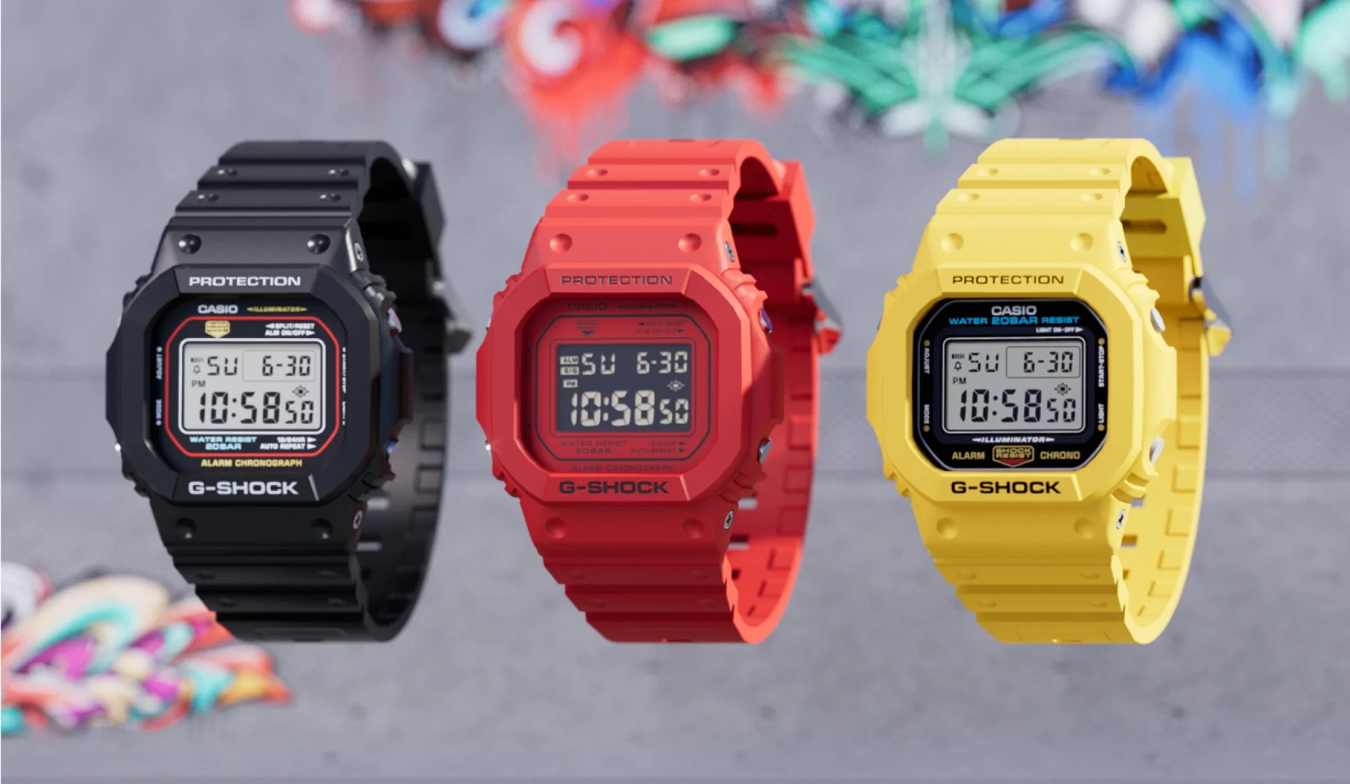 黒、赤、黄色の3色のG-SHOCKデジタル腕時計が並んで表示されています