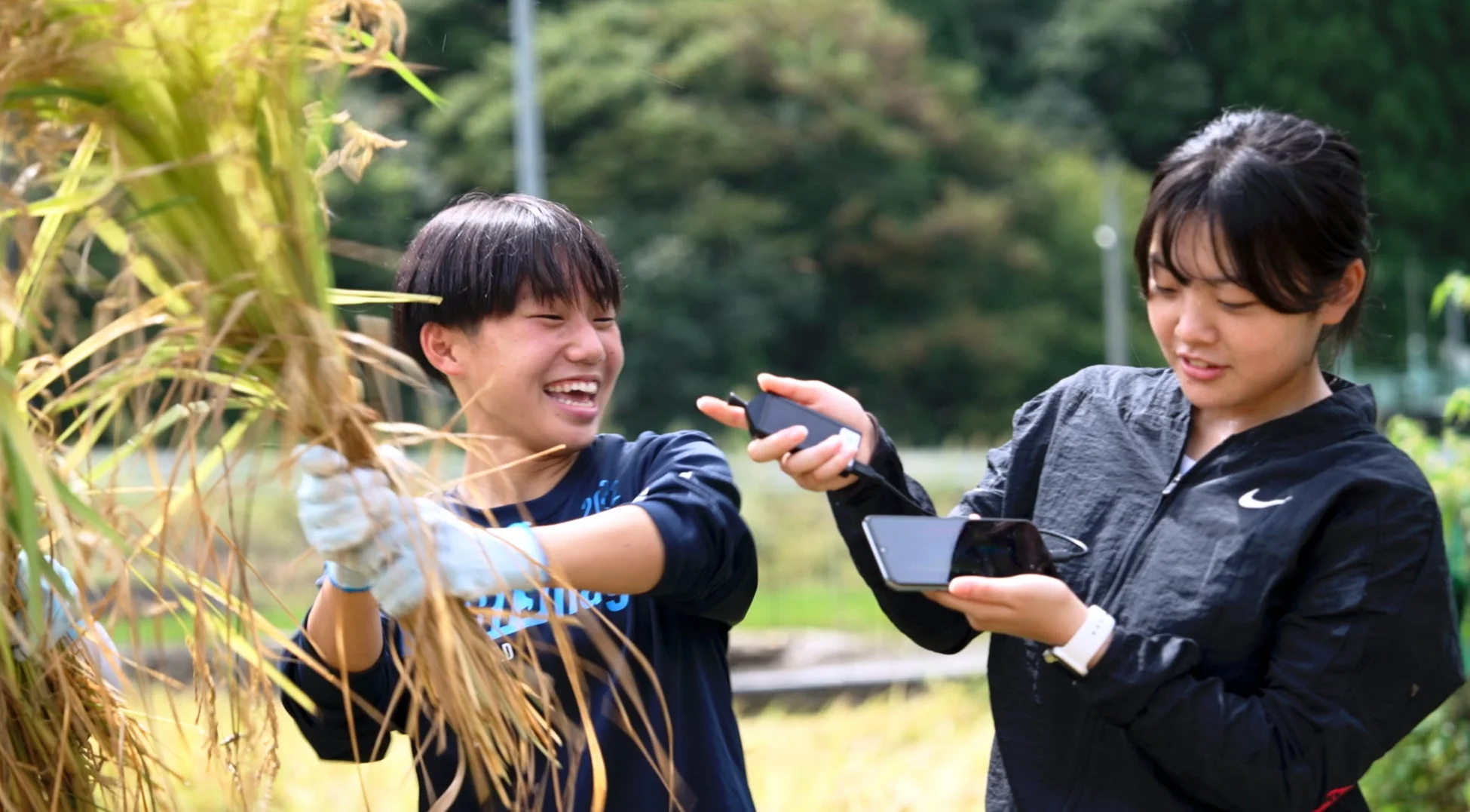 稲刈り体験中の若者二人が写っています。一人は収穫した稲束を持ち笑顔で、もう一人はスマホと記録機器でその様子を撮影。自然豊かな屋外での楽しげな瞬間を捉えています。