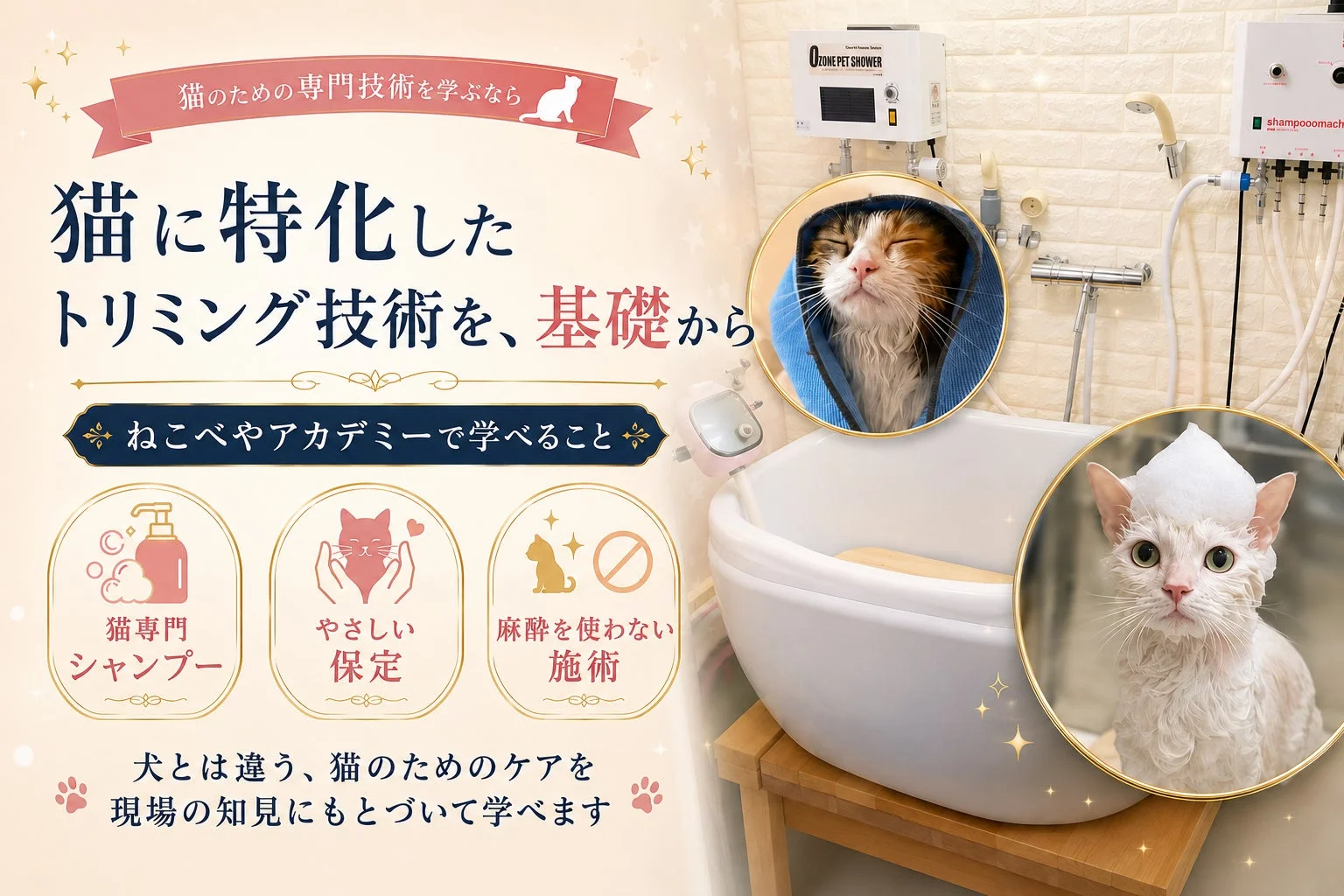 猫のための専門技術を学ぶなら 猫に特化したトリミング技術を、基礎から ねこべやアカデミーで学べること