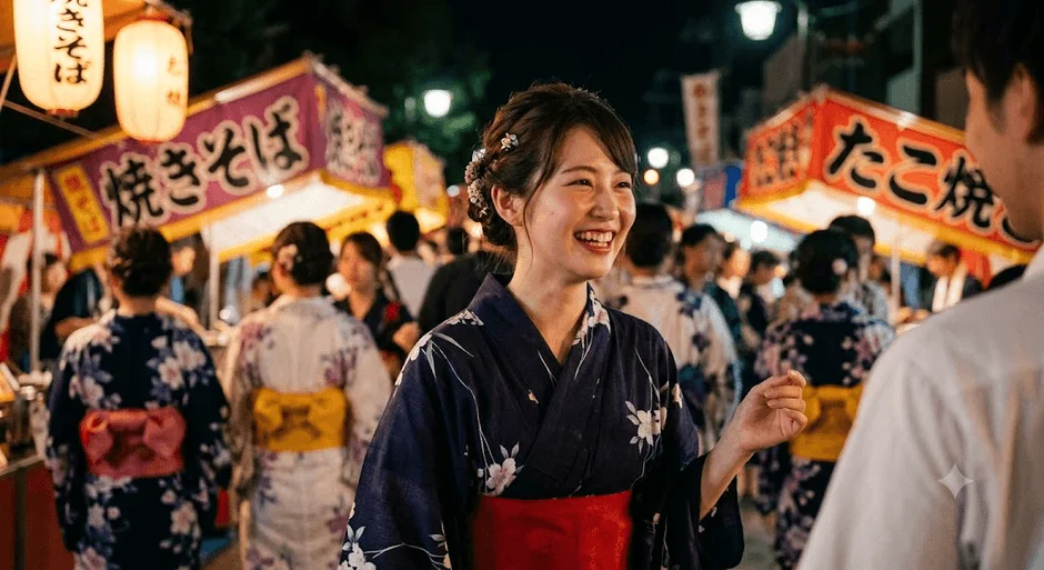 夏祭り、浴衣、屋台、笑顔、日本、夜景、人混み、食べ物、焼きそば、たこ焼き、イベント、祭り