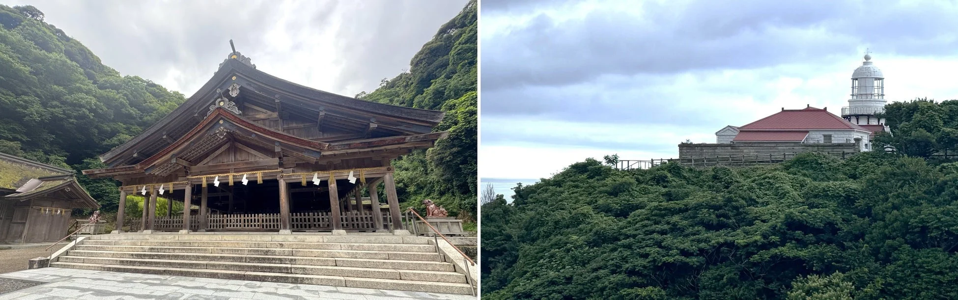 神社,灯台,日本の風景,建築,自然,山,海,曇り空,伝統,観光地