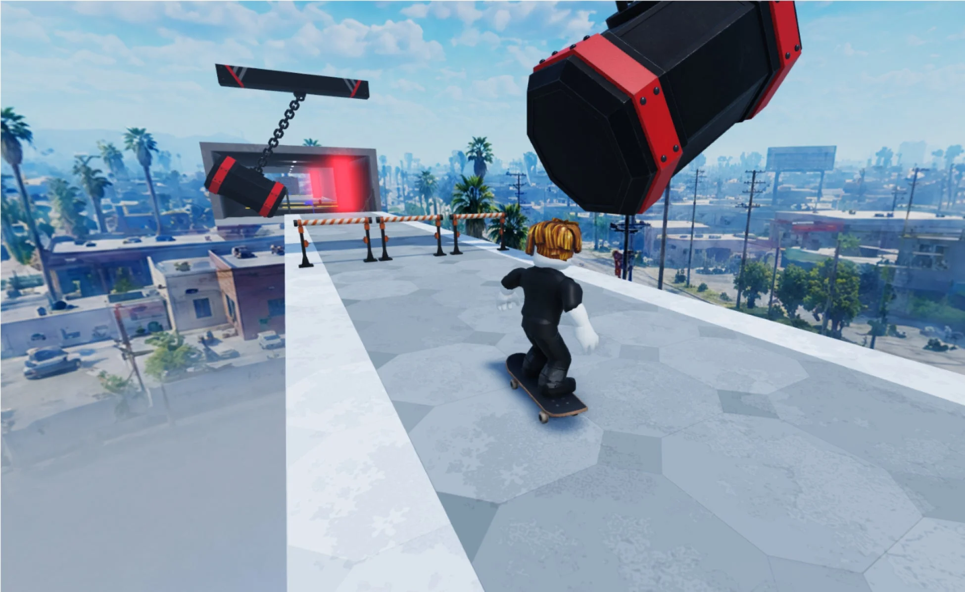 Roblox風のアバターがスケートボードに乗って、障害物が配置された都市の屋上を進むゲームのワンシーン