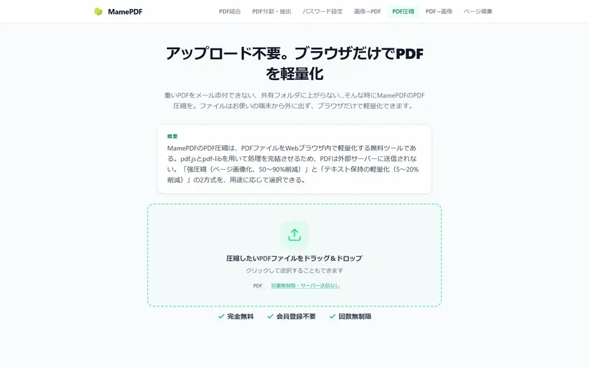 PDF圧縮・パスワード設定の画面