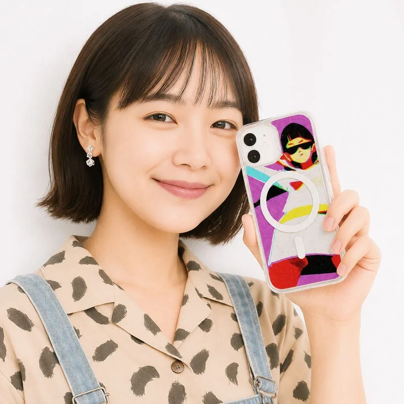 ショートヘアの女性がカラフルなスマホケースをつけたスマートフォンを持ち、笑顔でカメラを見ている画像