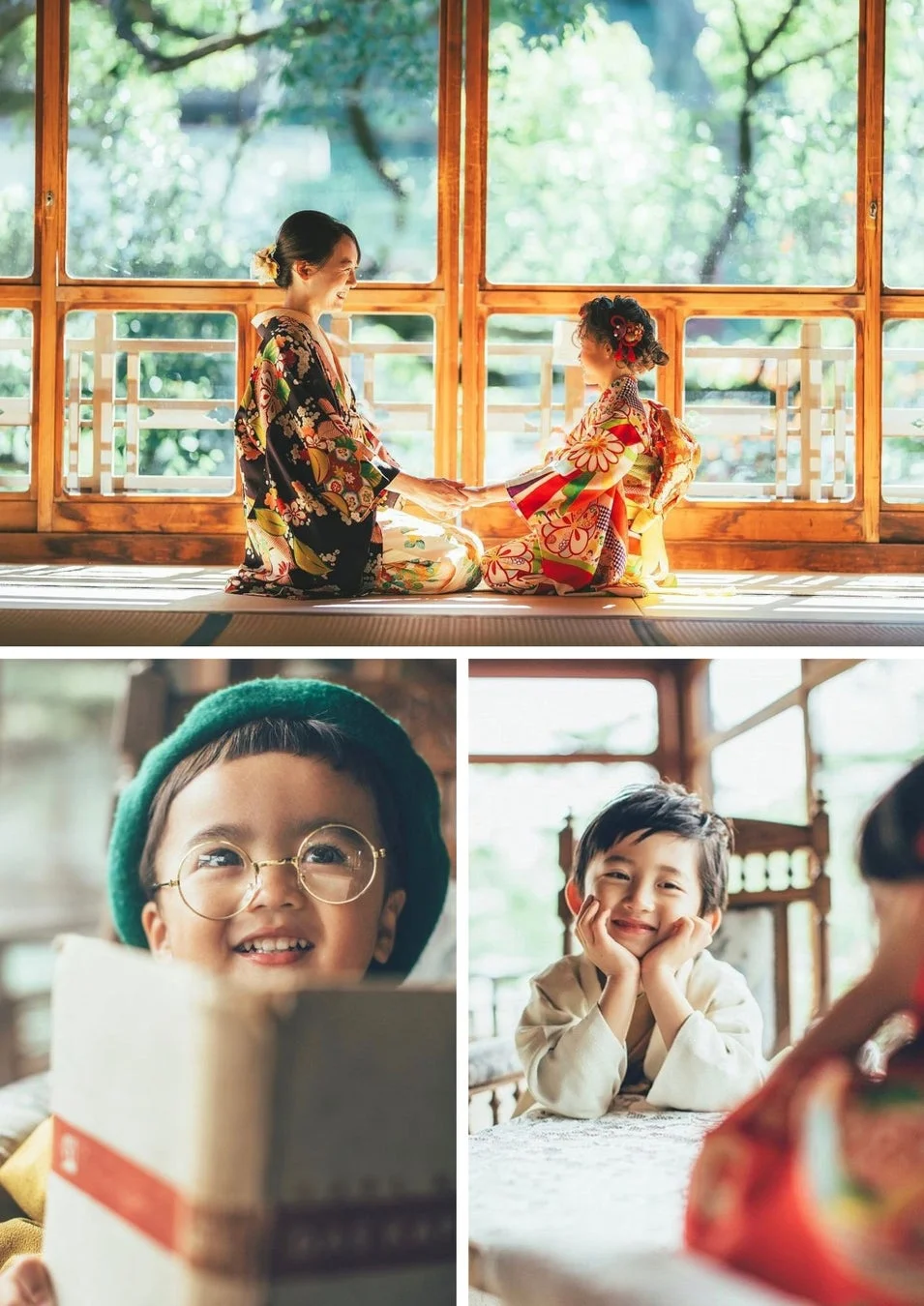 着物姿の親子や、笑顔で本を読む子供たち