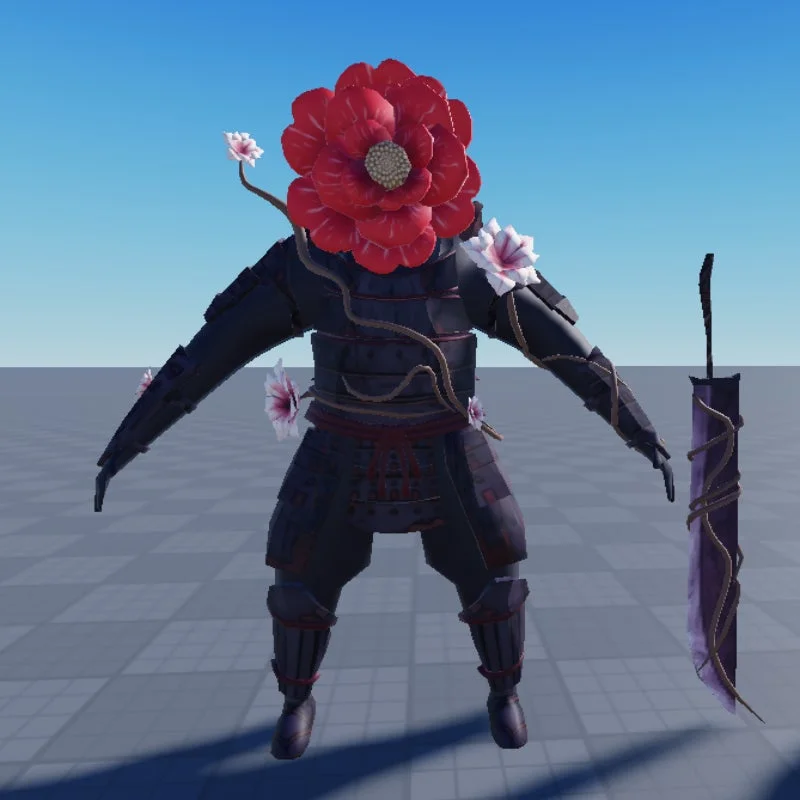 暗いサムライの鎧をまとったキャラクターと巨大な剣