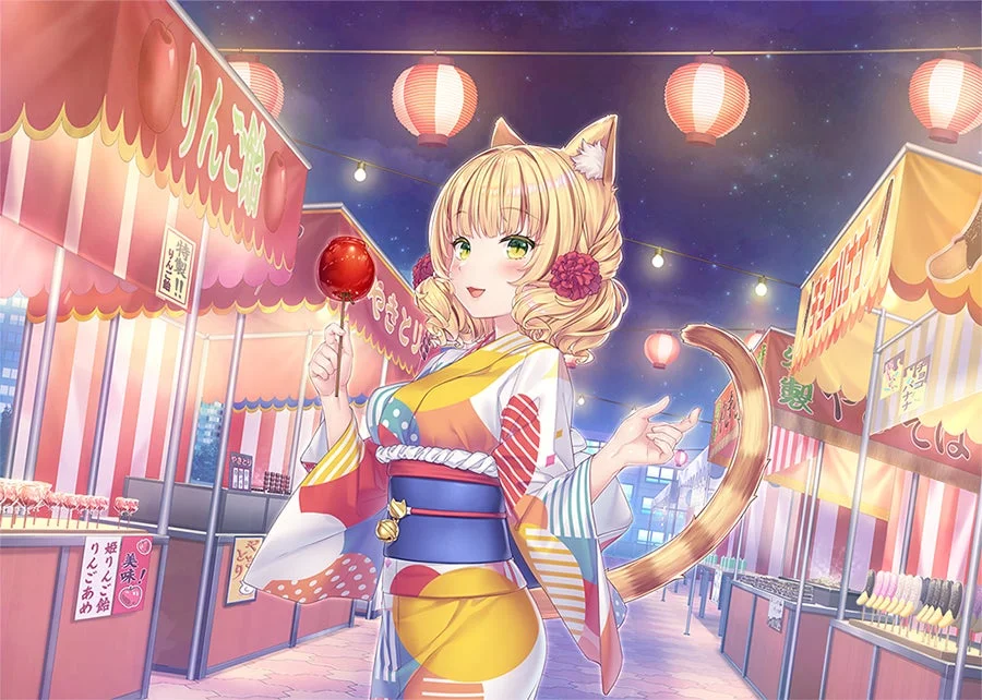 猫耳と尻尾が生えた可愛らしいアニメの女の子が、カラフルな浴衣を着て夏祭りの屋台通りに立っている