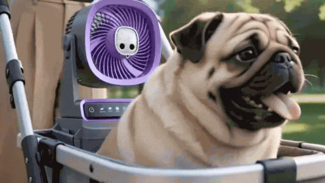 ペットカートに乗ったパグ犬と扇風機