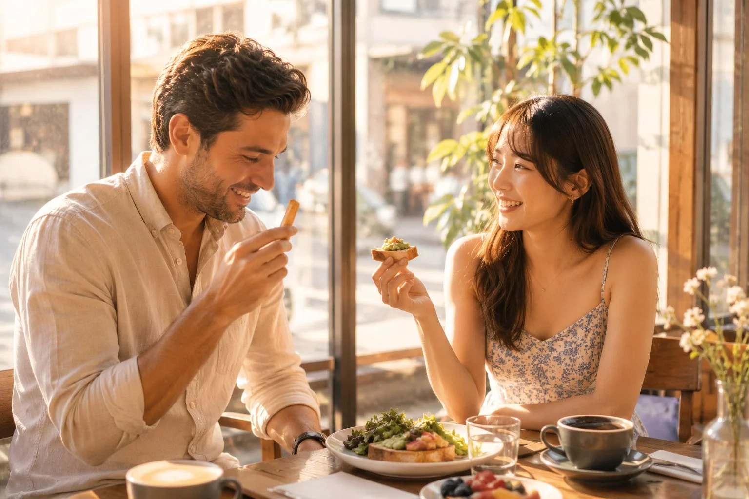 カフェで食事をするカップル
