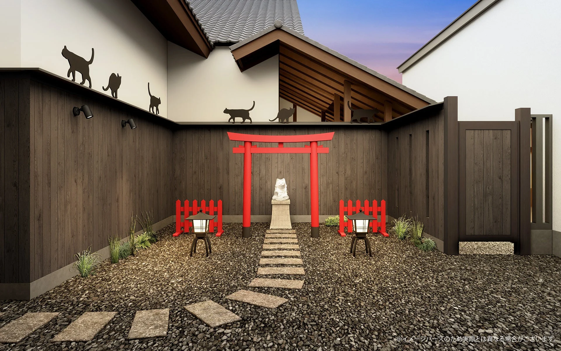 猫のシルエットが飾られた日本庭園
