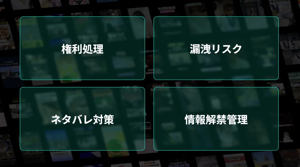 権利処理、漏洩リスク、ネタバレ対策、情報解禁管理