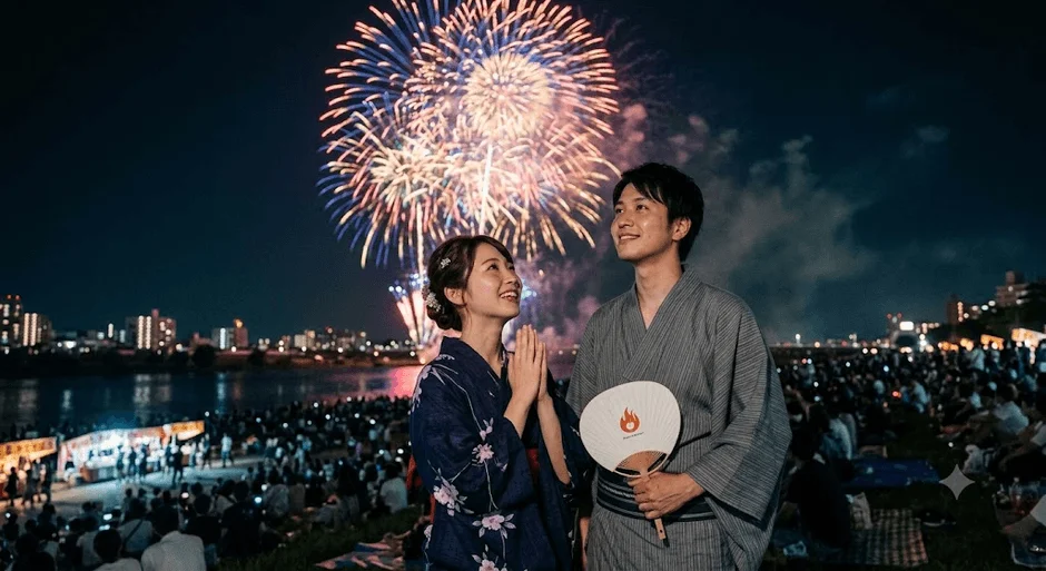 花火大会、浴衣、カップル、夏祭り、夜景、日本の風景、川辺、イベント、祭り、夏