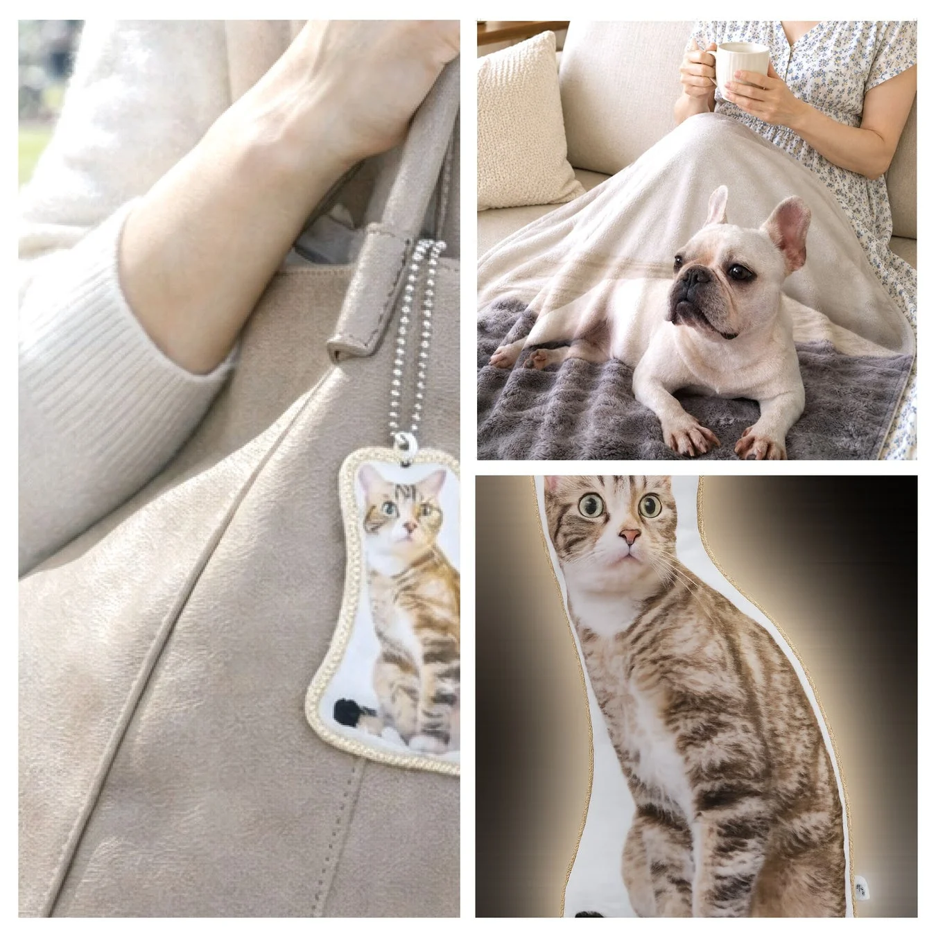 猫のチャーム付きバッグ、ソファでくつろぐ人とフレンチブルドッグ、猫型クッションがコラージュされた画像です。ペットとの穏やかな日常や、動物モチーフのアイテムがライフスタイルに溶け込んでいる様子が伝わります。