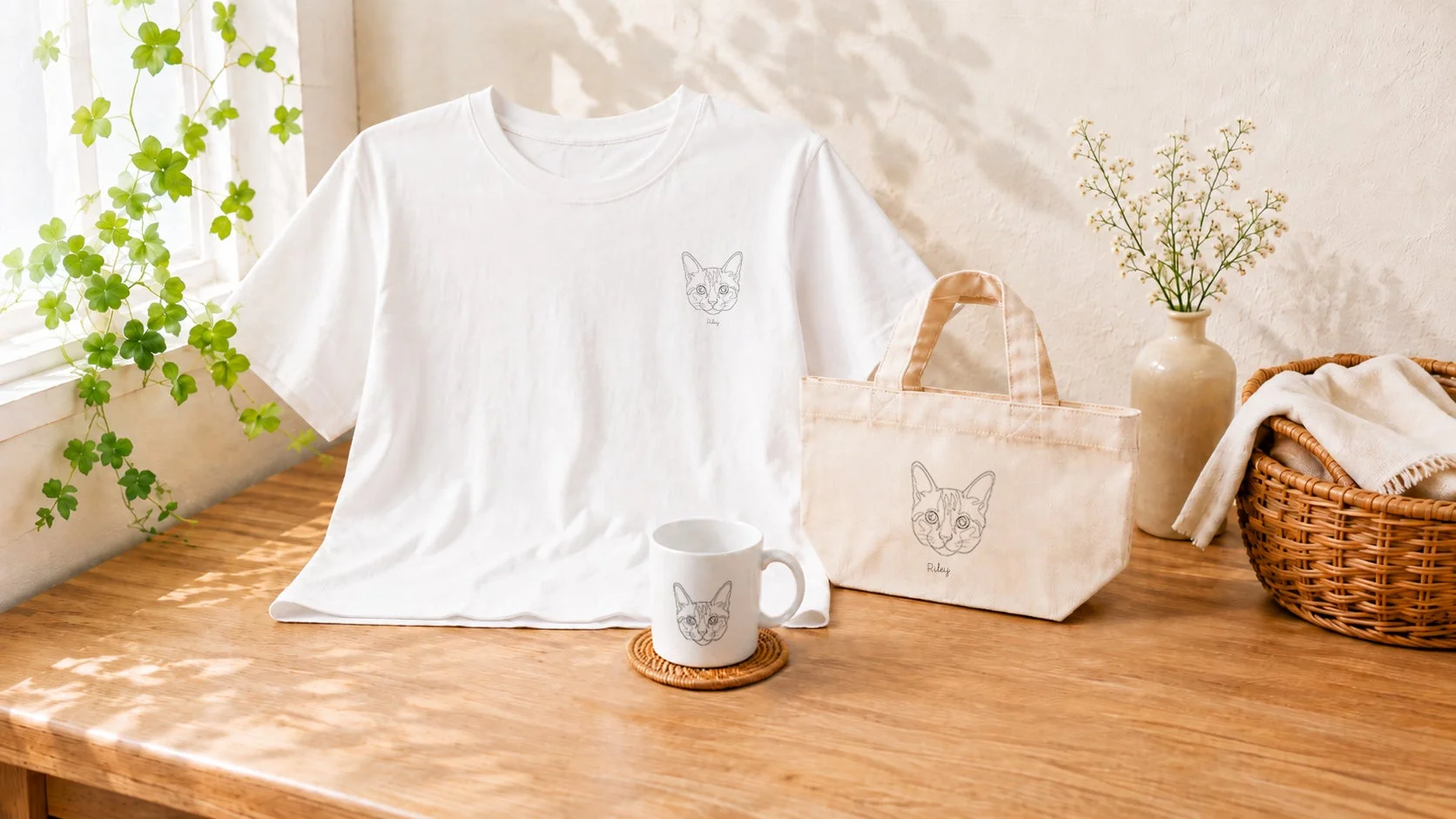 猫のイラストと「Riley」の文字がデザインされた白いTシャツ、トートバッグ、マグカップが木製テーブルに置かれた商品写真です。窓辺の植物や花瓶に生けられた花、バスケットがナチュラルで温かい雰囲気を作り出しています。