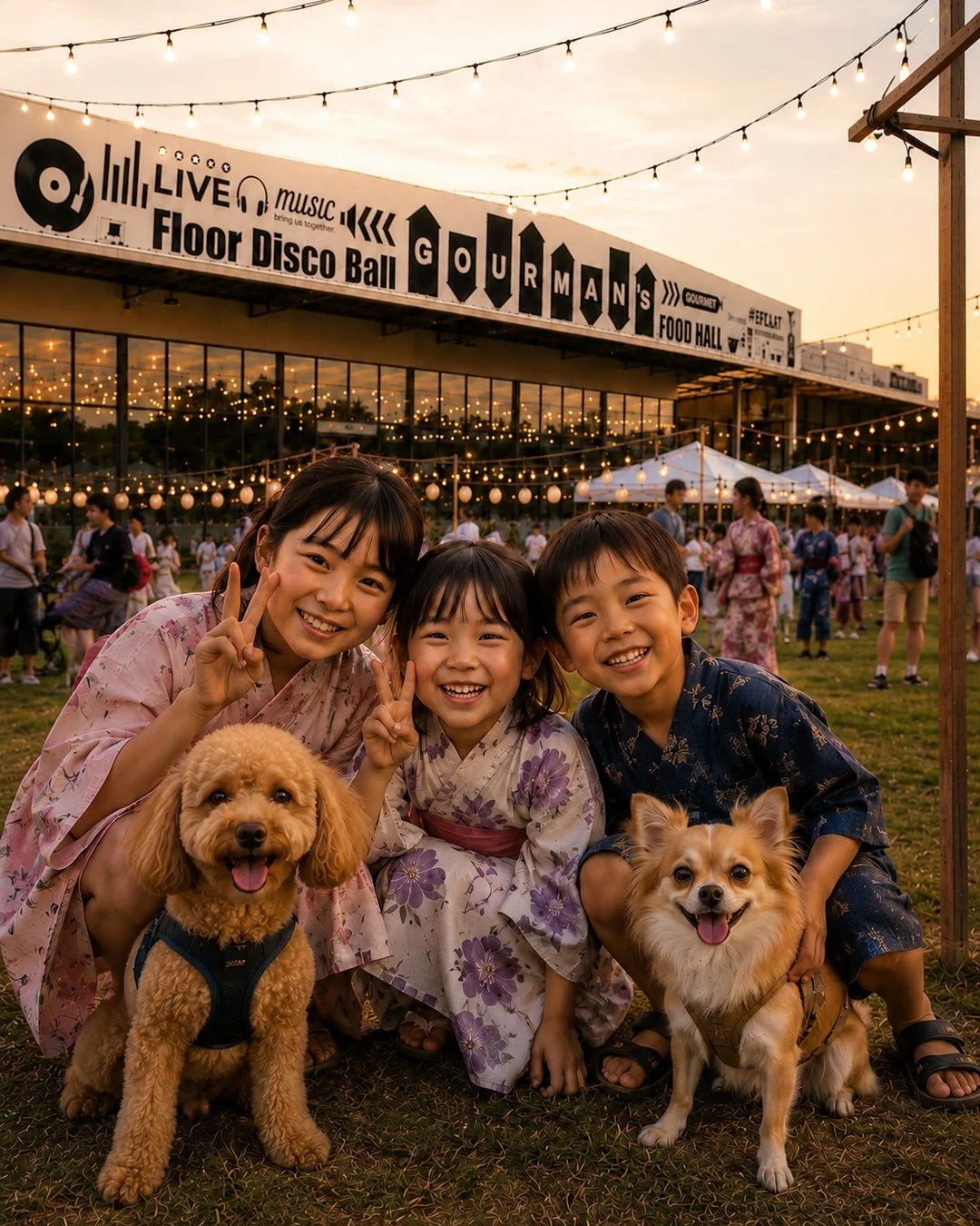 浴衣を着た3人の子供たちが、2匹の犬と一緒に夏祭りのような屋外イベントで笑顔を見せている。背景には「LIVE music」や「GOURMAN'S FOOD HALL」と書かれた看板があり、電飾が輝いている。