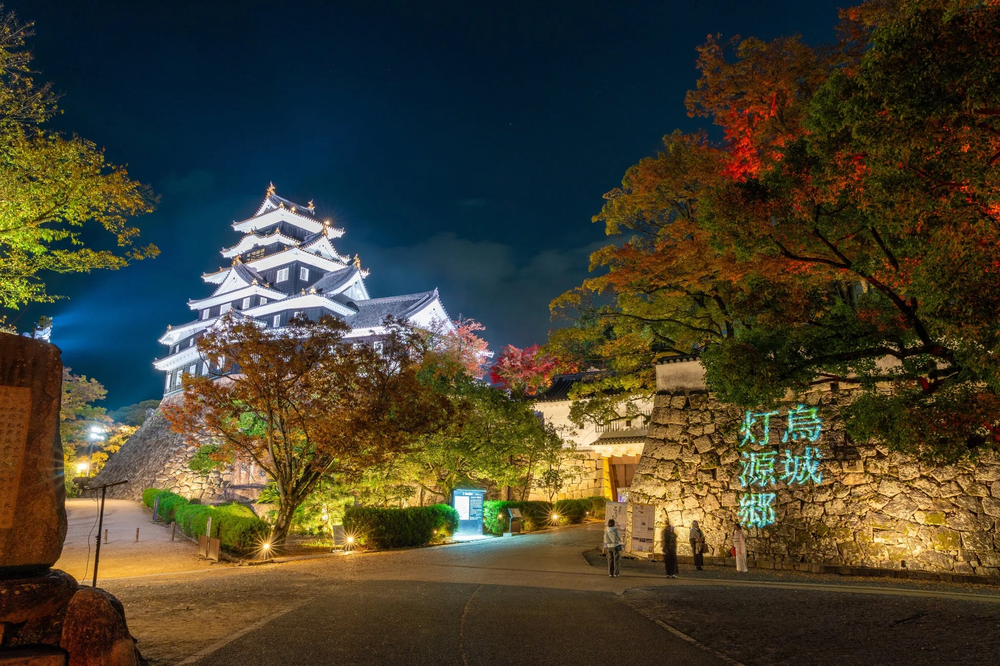 夜間にライトアップされた岡山城と、色づいた紅葉が美しい景観を形成している