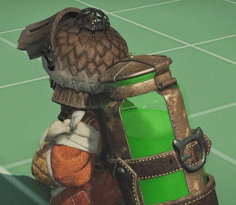 ファンタジーの世界観を持つキャラクターの背中が写っており、羽根のような装飾のある肩の防具と、革製のホルダーに収められた緑色のポーションボトルが目立ちます。