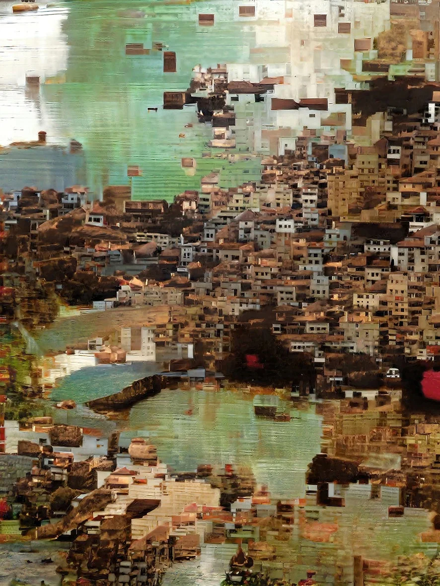 都市景観、水辺の街、抽象画、デジタルアート、フラグメント、ピクセルアート、密集地、建築物、現代アート、風景画