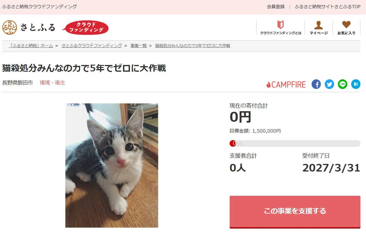 可愛らしい子猫の写真が掲載されており、現在の寄付は0円、目標金額は150万円である。