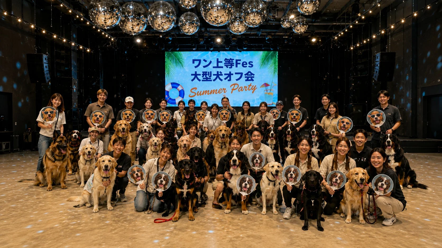 「ワン上等Fes 大型犬オフ会 Summer Party」と書かれたスクリーンを背景に、多くの大型犬とその飼い主たちが集まって笑顔でポーズをとっている集合写真です。