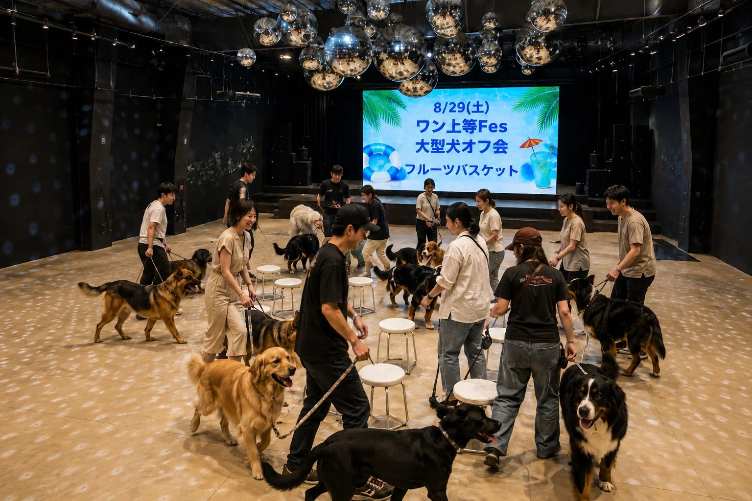 多くの大型犬とその飼い主たちが屋内のイベントスペースに集まり、交流している様子。