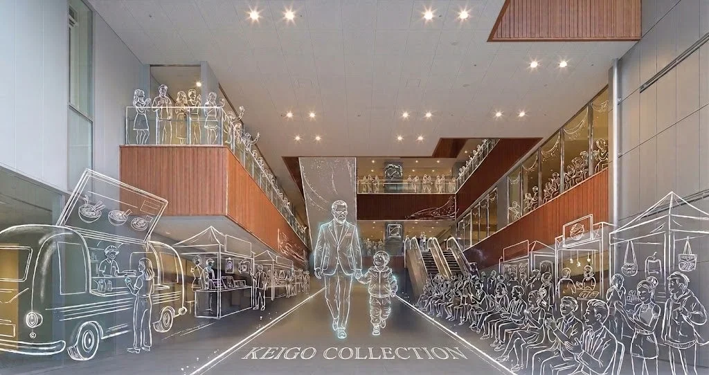 モダンな屋内空間に『KEIGO COLLECTION』の文字と、白い線画の親子がプロジェクションマッピングで投影されている