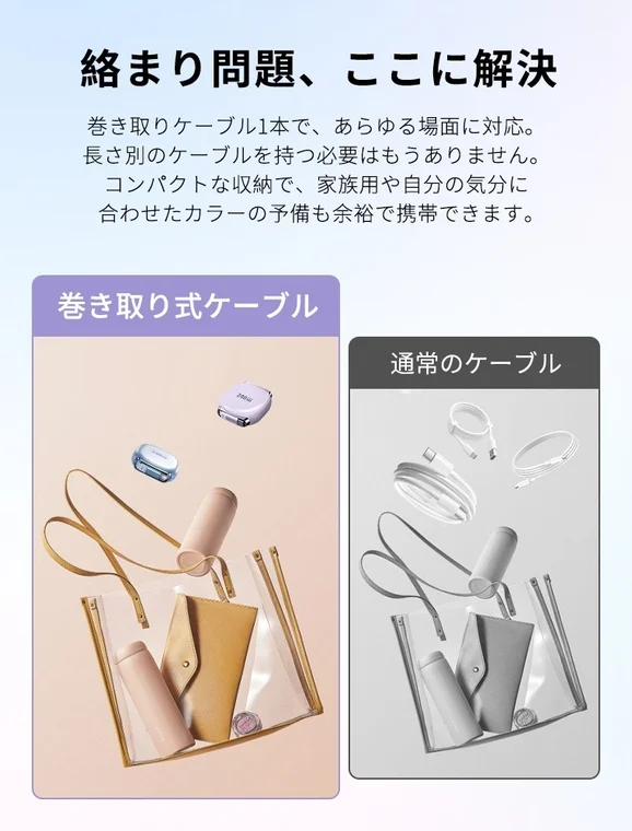 巻き取り式ケーブルと通常のケーブルの比較