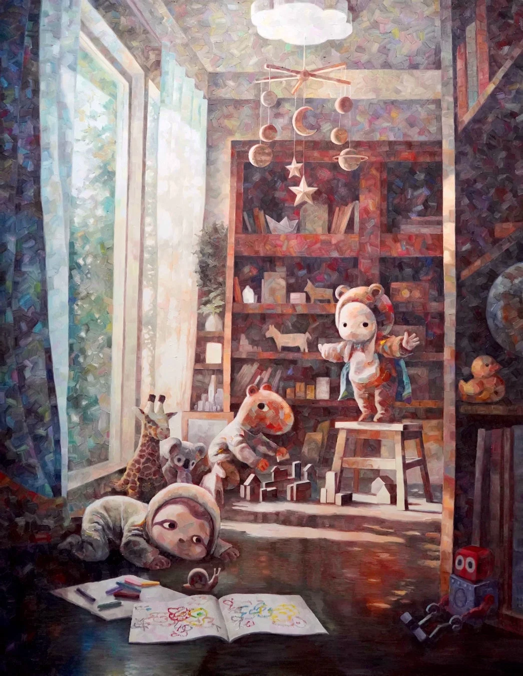温かい日差しが差し込む子供部屋で、動物の着ぐるみを着たキャラクターたちが遊ぶ幻想的な絵画。