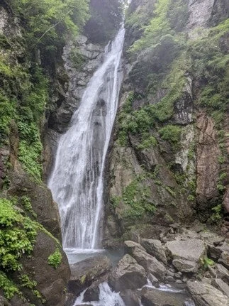 緑の岩肌を勢いよく流れる安倍の大滝