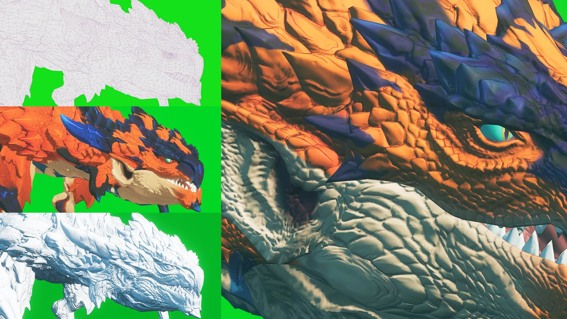 ファンタジーゲームのドラゴンの3Dモデル制作過程を示す画像。