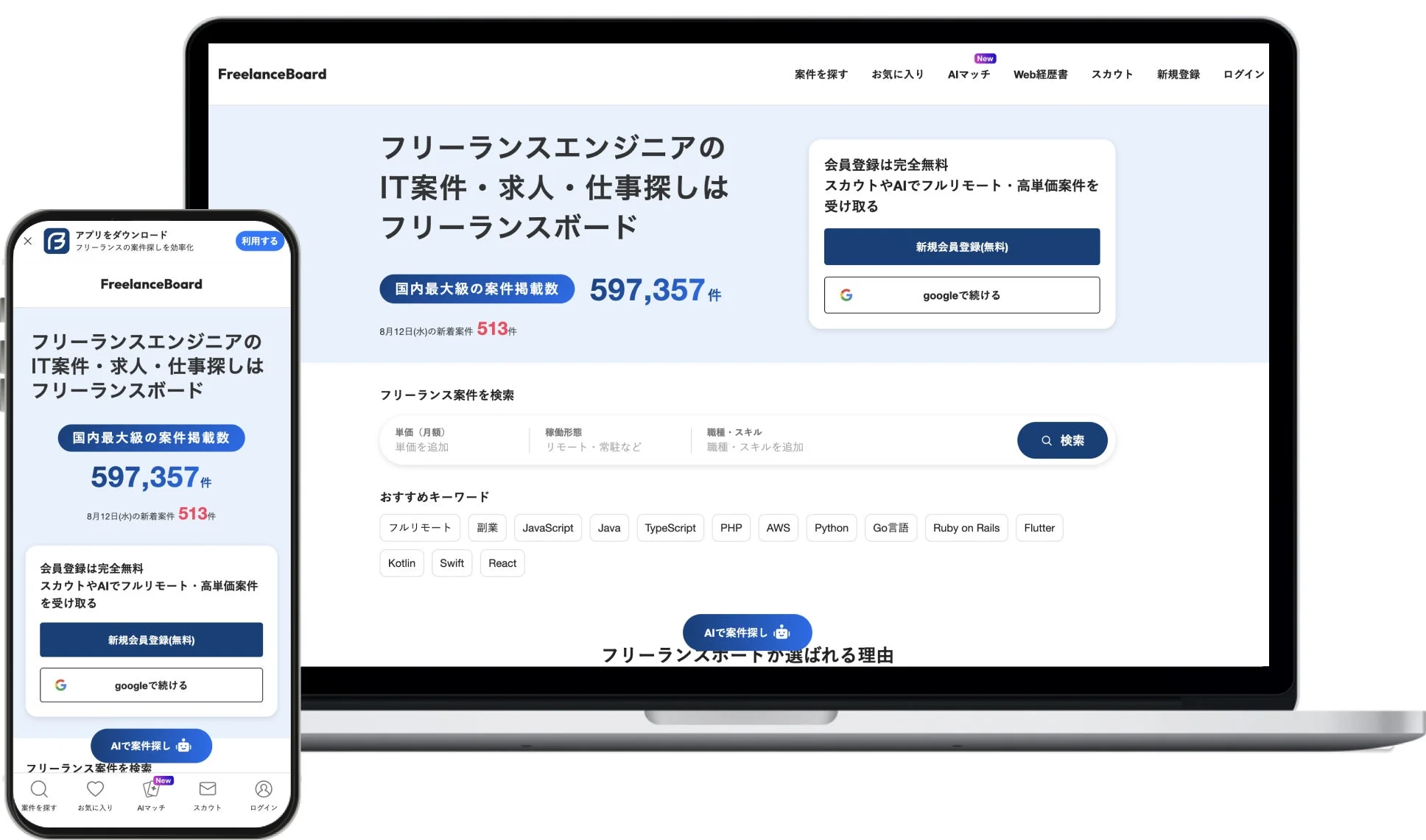 フリーランスエンジニア向けのIT案件・求人情報を提供する「FreelanceBoard」のウェブサイトとモバイルアプリのインターフェースを示す画像です。多数の案件掲載数や、AIマッチング、リモート案件、無料会員登録などの特徴が紹介されています。