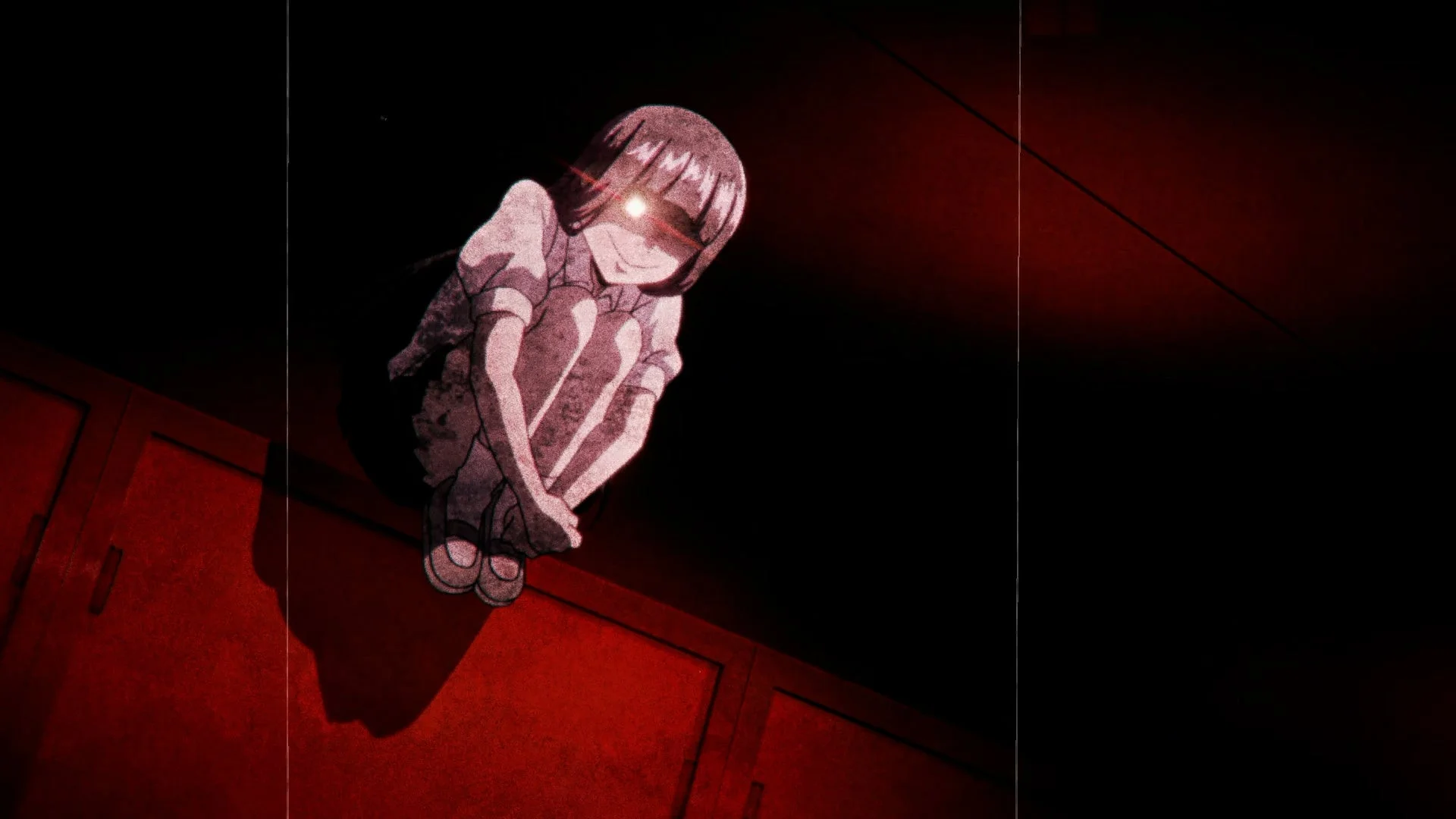 赤い目でしゃがみ込むアニメの少女