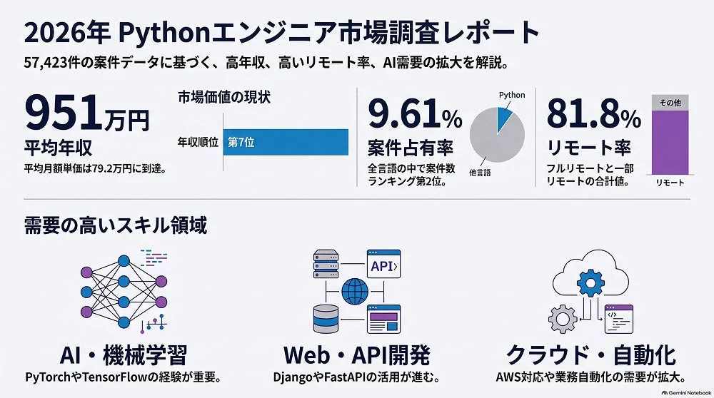 2026年Pythonエンジニア市場の調査レポートで、平均年収951万円、案件占有率9.61%、リモート率81.8%と分析。AI・機械学習、Web・API開発、クラウド・自動化が需要の高いスキル領域とされています。