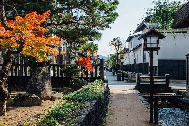 秋の紅葉が美しい日本の伝統的な街並み