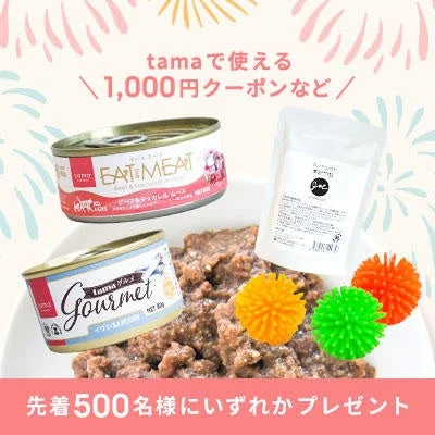 ペットフードの缶詰(EAT MEAT、Gourmet)とペット用おもちゃが並べられ、「tamaで使える1,000円クーポンなど」と「先着500名様にいずれかプレゼント」の文字があるキャンペーン告知画像です。