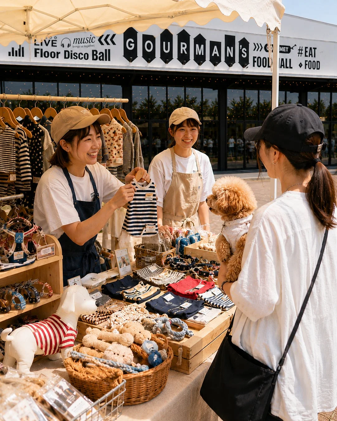 屋外のマルシェで、笑顔の女性店員がペット用の服や雑貨を販売しています。
