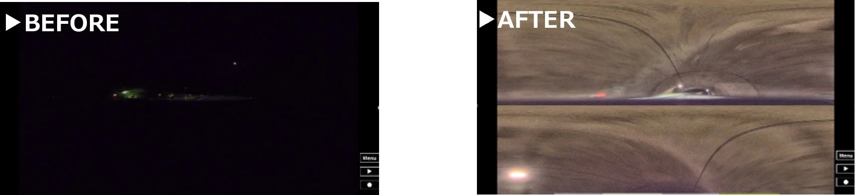 トンネル内の車両映像のBefore/After比較画像