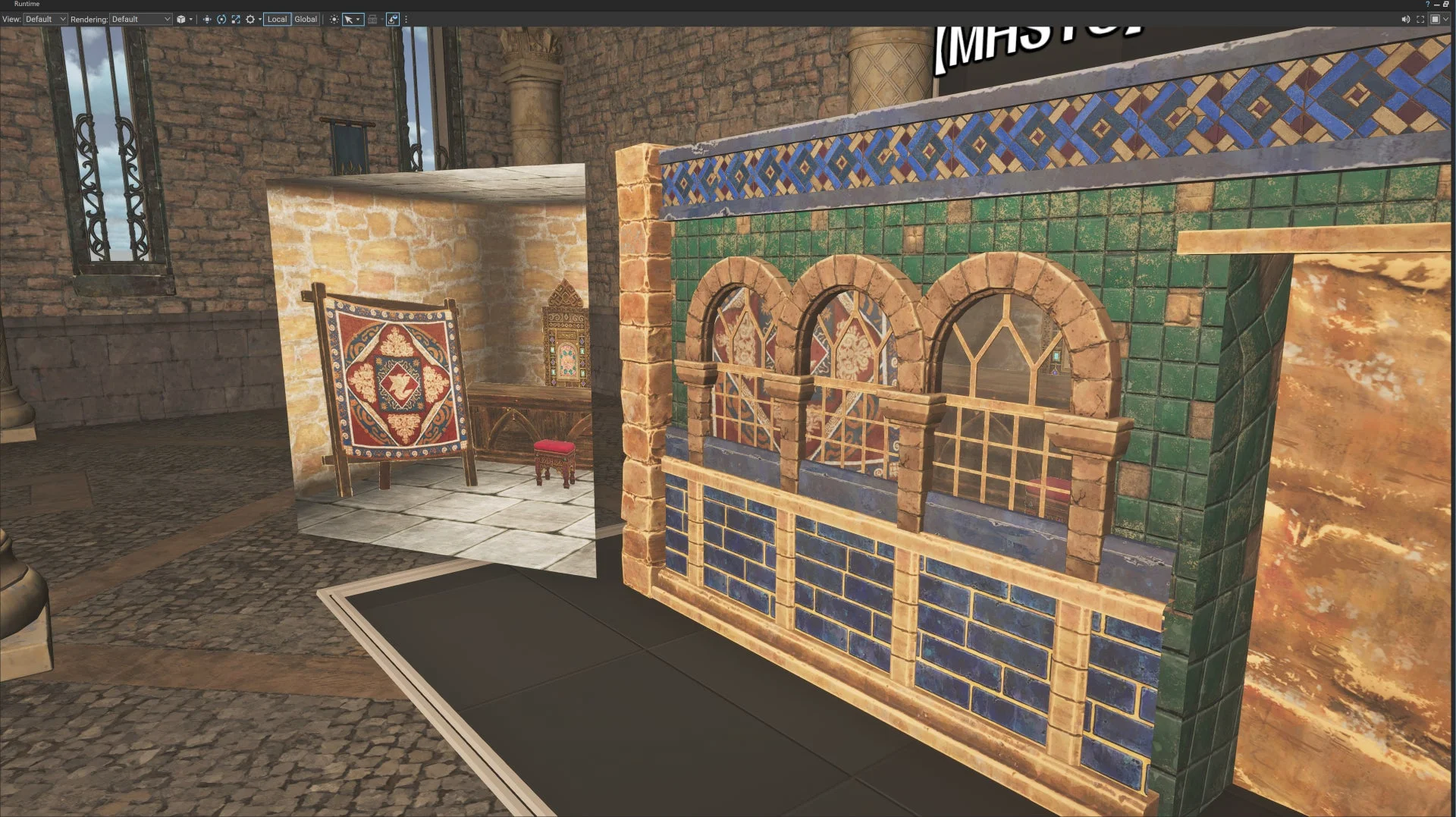 中東風の建築物や内装アセットが展示された3Dゲーム開発画面です。