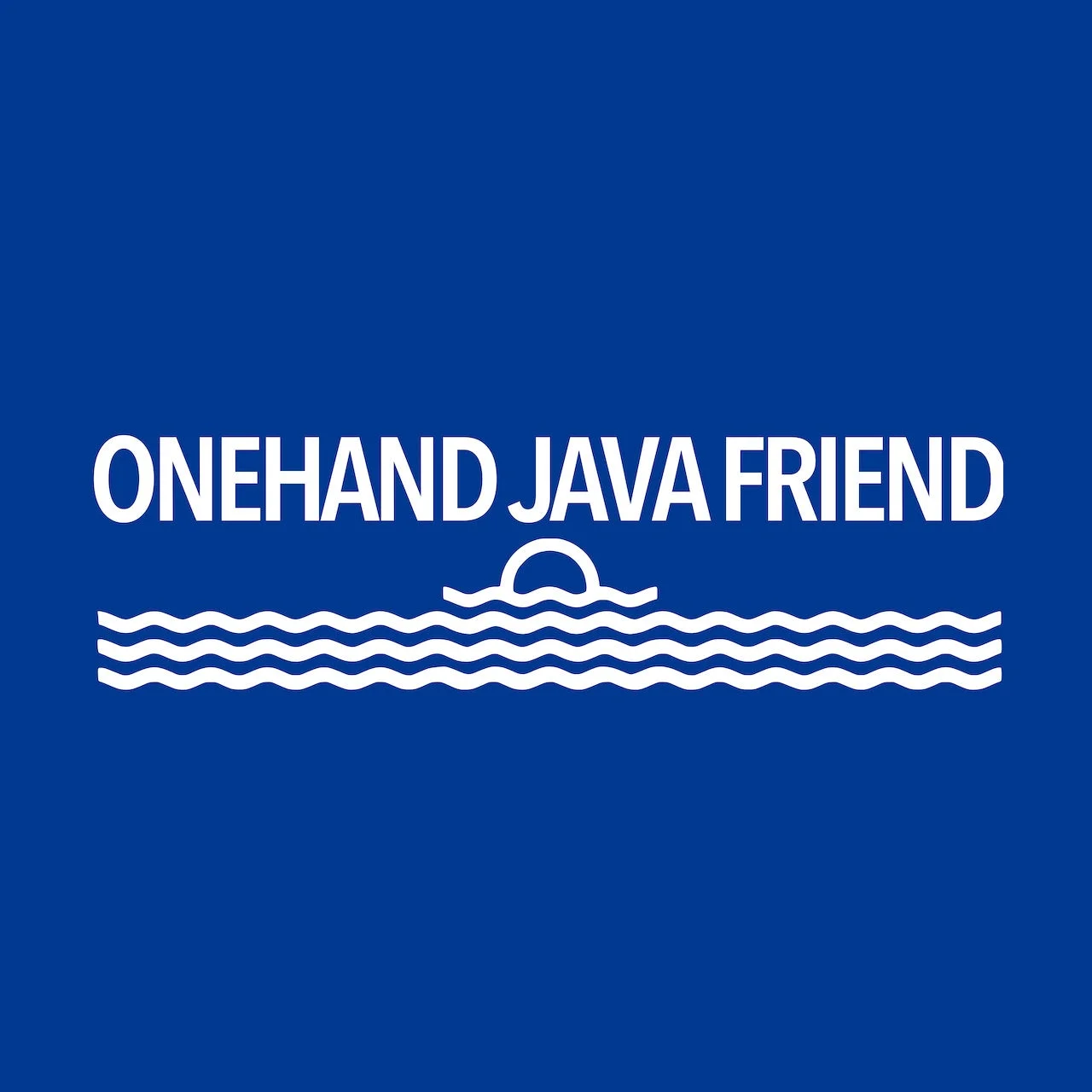 青い背景に白い文字で「ONEHAND JAVA FRIEND」と書かれており、その下には波と半円のイラストが描かれたロゴデザインです。プログラミングやIT関連のコミュニティやサービスを示すシンボルと考えられます。