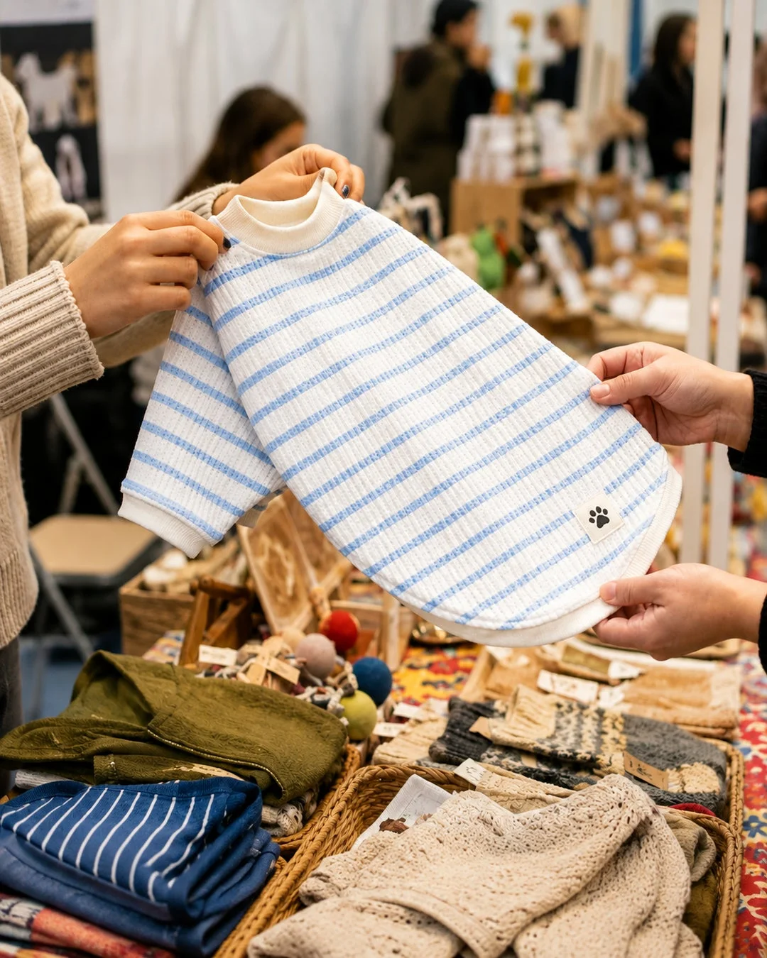 二人の手がストライプ柄のペット用と思われる服を広げて見せている。