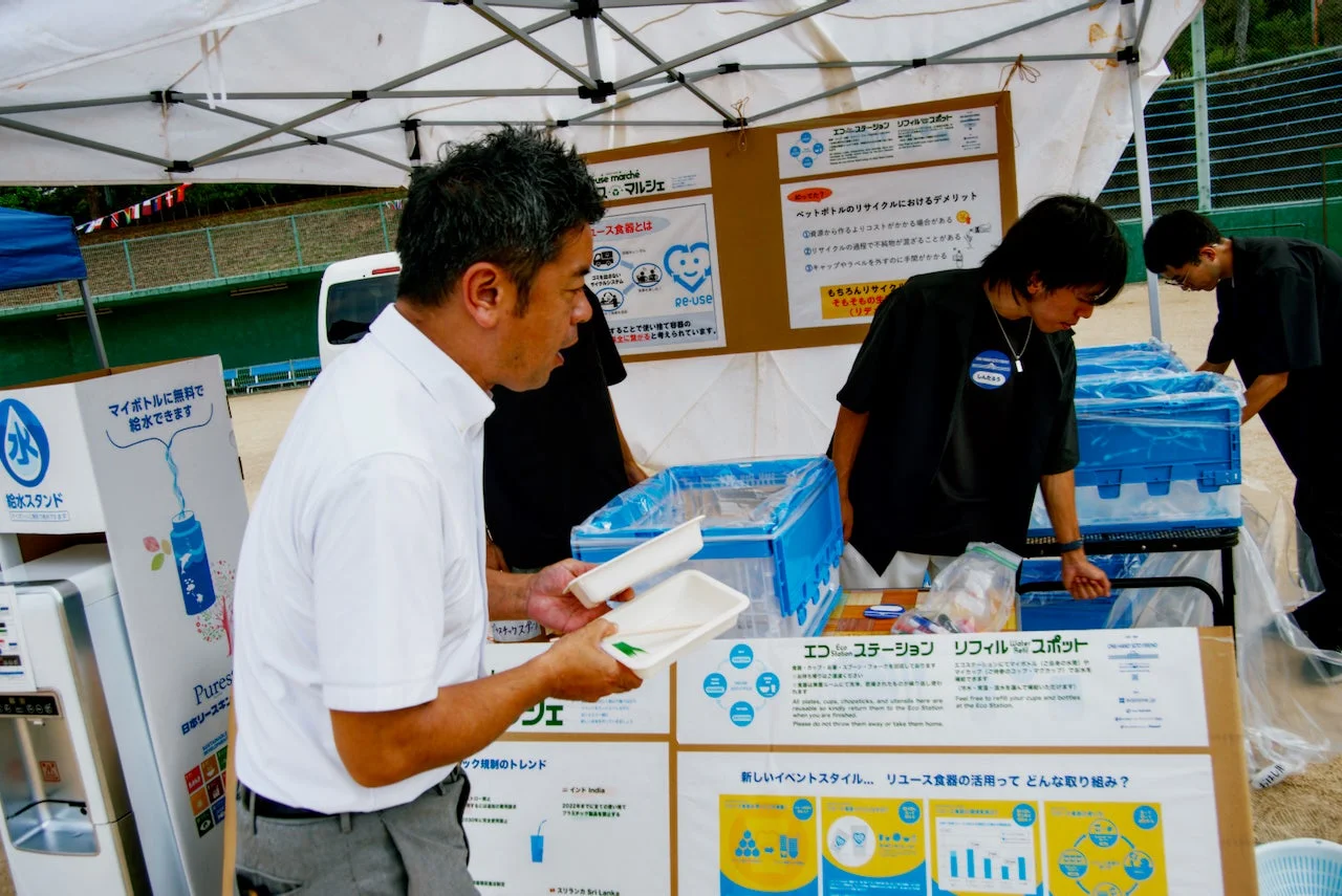 屋外イベントで、マイボトル給水スタンドやリユース食器の利用を促すエコステーションの様子。PETボトルリサイクルの課題も示されており、環境配慮型イベントの取り組みが紹介されている。参加者がリユース容器を手にしている。