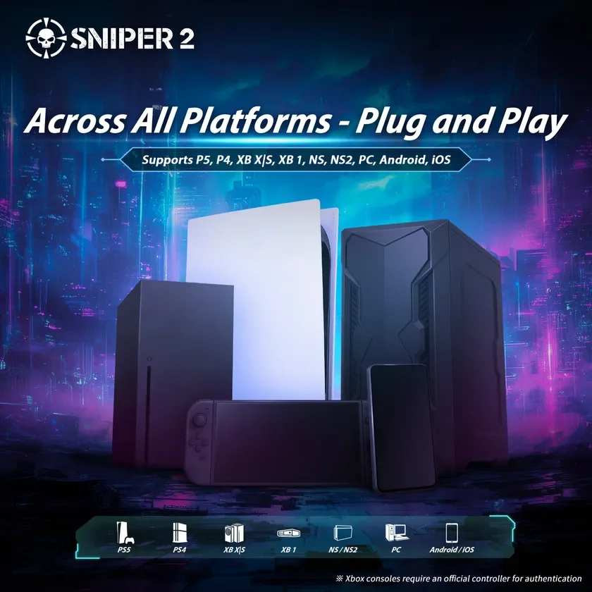 SNIPER 2が主要なゲームプラットフォーム全てに対応し、プラグアンドプレイで利用可能であることを示す広告画像です。PS5、PS4、Xbox、Nintendo Switch、PC、Android、iOSといった幅広いデバイスが描かれ、互換性の高さを強調しています。